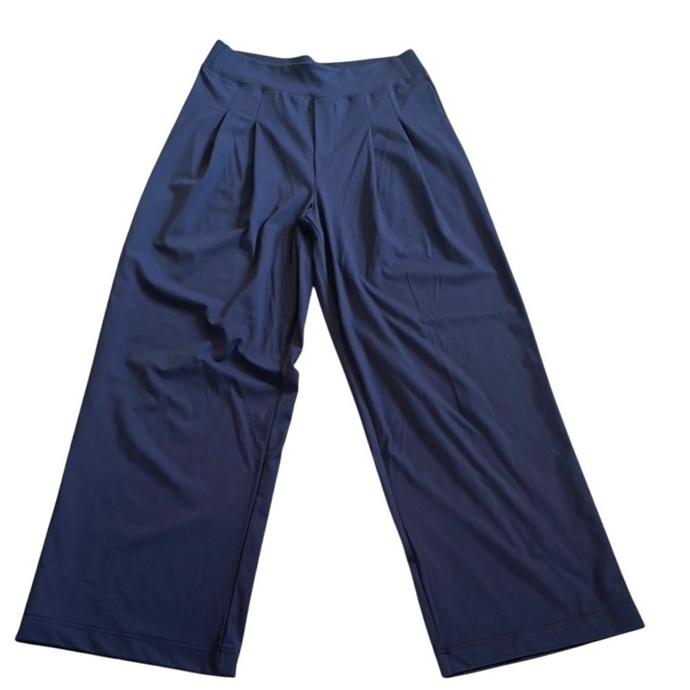 Rachel Zoe Navy Blue Wide Leg‎ Pleated Trousers Ribbed Waistband Womens Medium